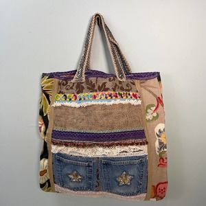 Upcycled Tote Market Bag Denim Lace Remnants Large Shopping Crafts Boho Artist